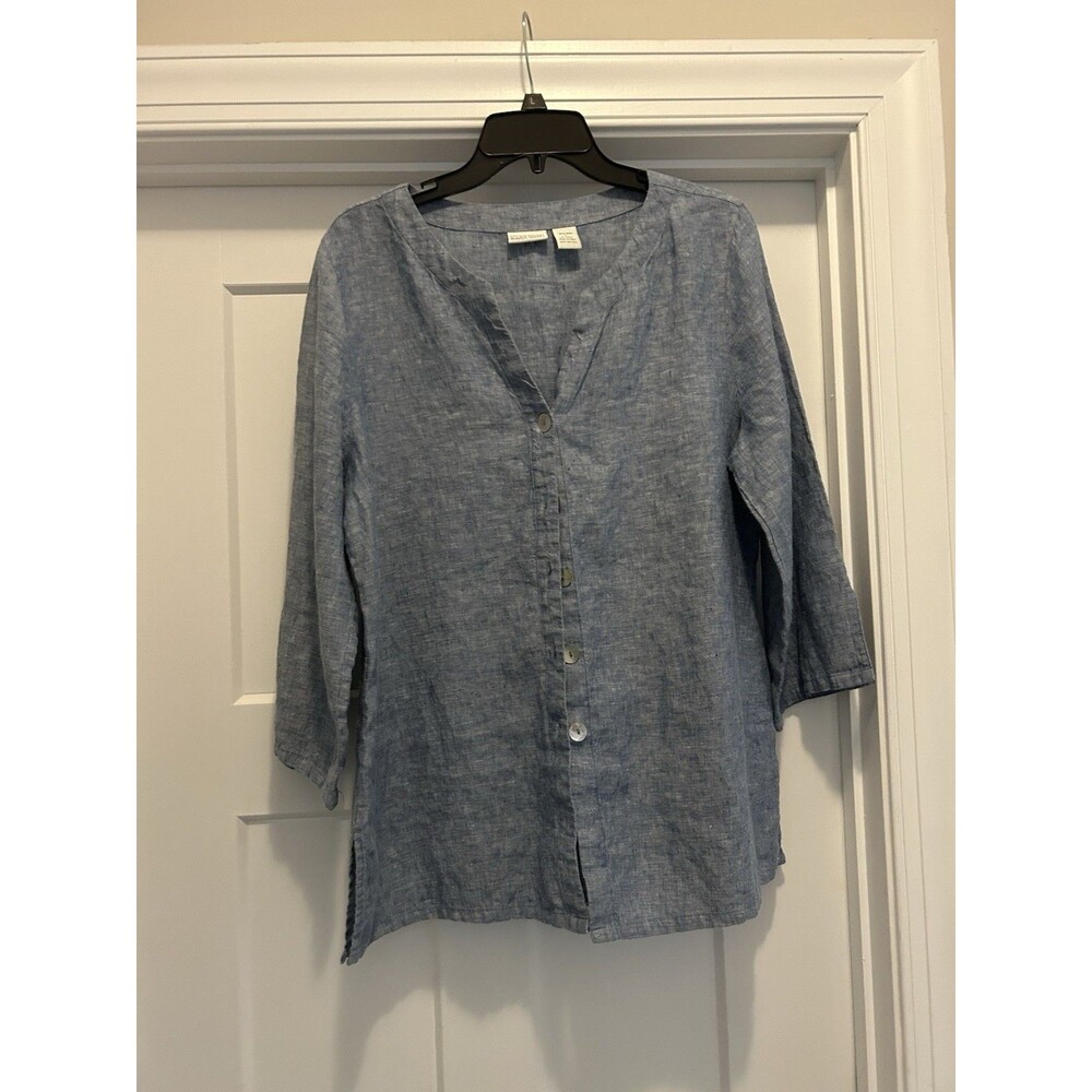 Denim Blue Linen Button Tunic Shirt  Size Large Classic Preppy Minimalist Beach